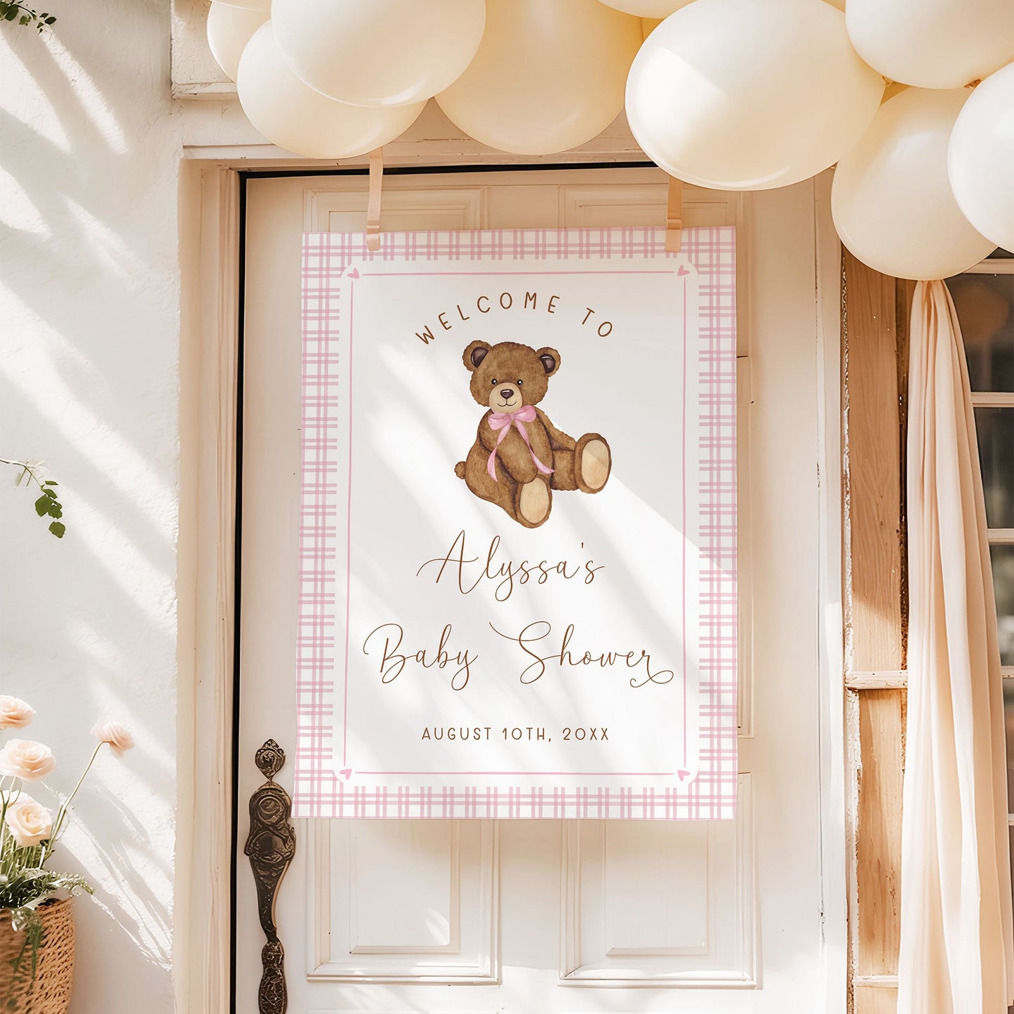 Pink Gingham Teddy Bear Baby Shower Welcome Sign | Baby Girl Shower Decor | Printed & Shipped
