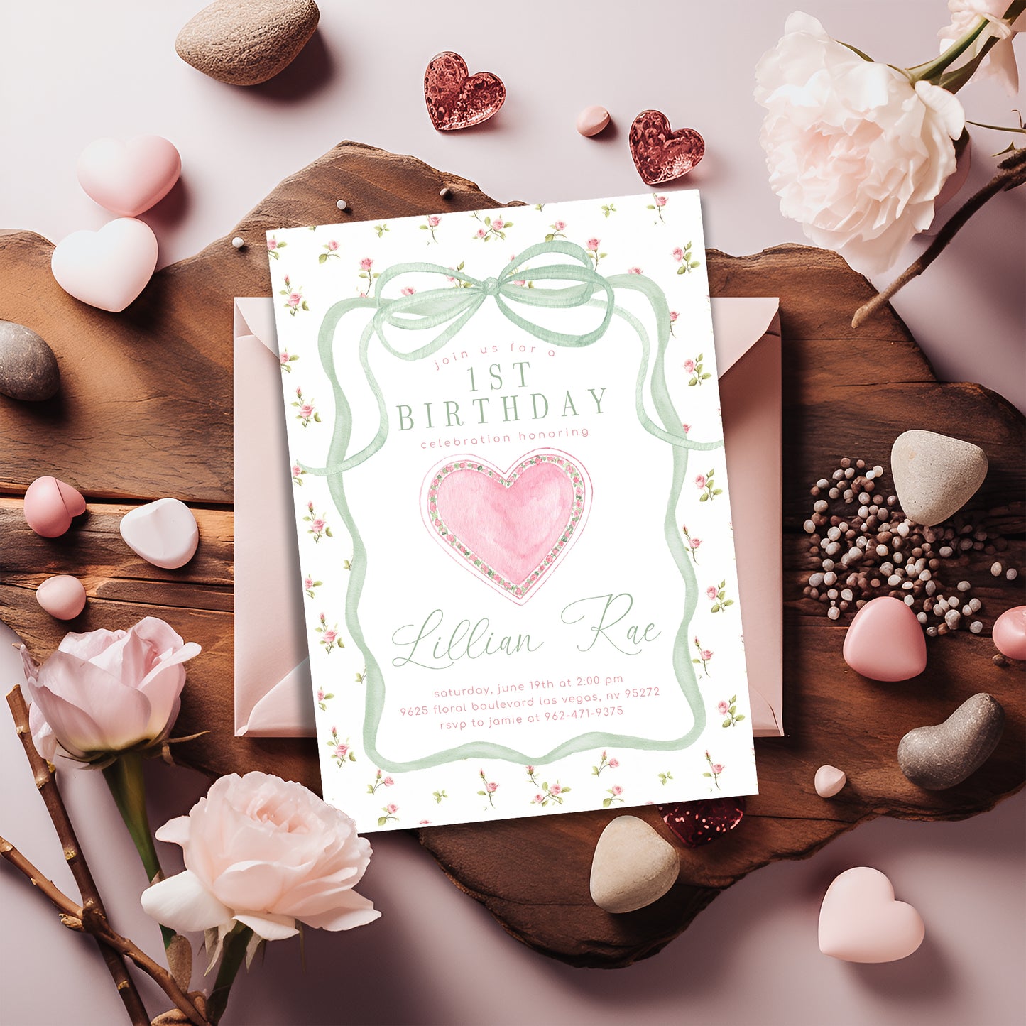 Printed Pink Heart and Bow Valentine's Day Birthday Invitation