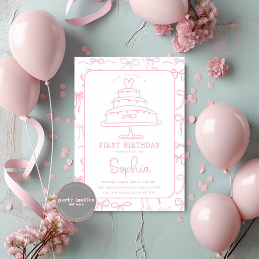 Printed Pink Bows and Cake Birthday Party Invitation