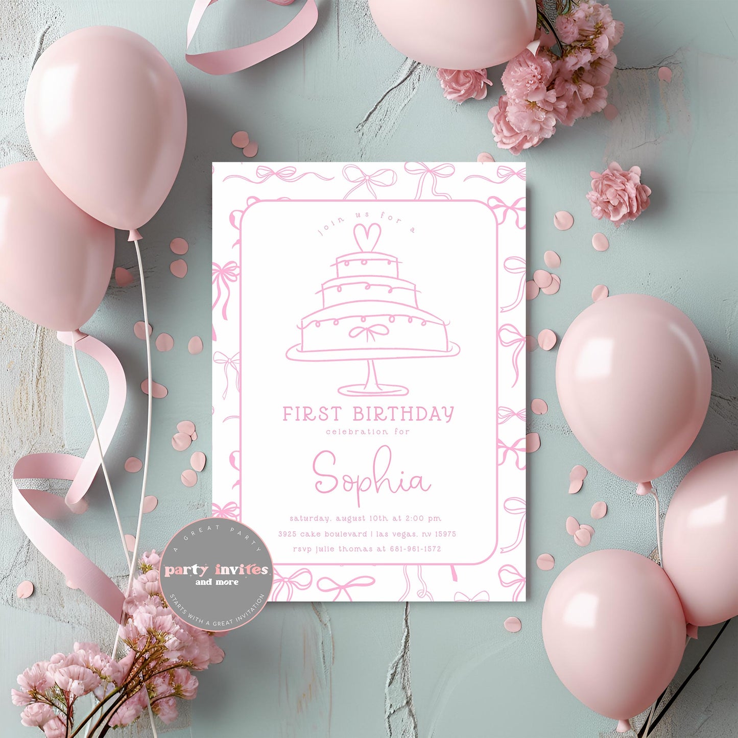 Pink Bows and Cake Birthday Party Invitation